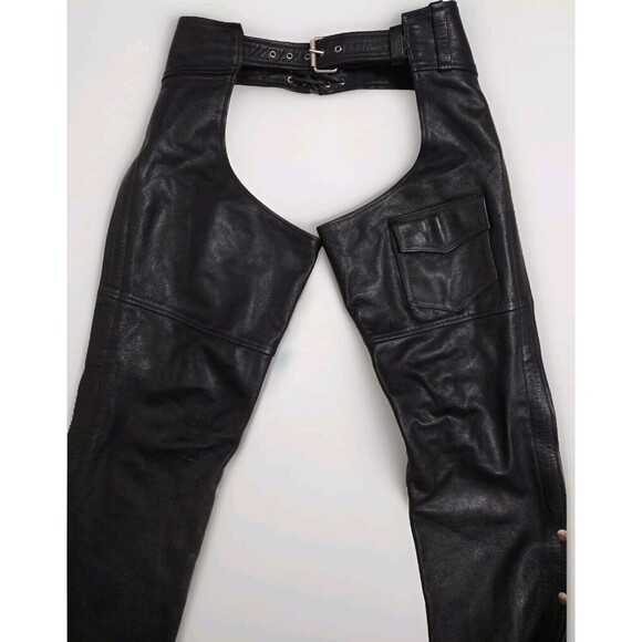 Vintage MOB Black Leather Biker Chaps Medium Unisex Y2K Punk Festival Edgy Rider - Picture 10 of 16